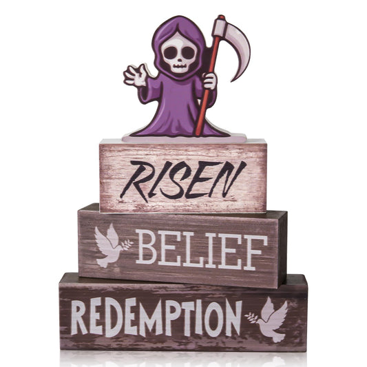 Religious Christian Tiered Tray Decorations Christmas Belief Redemption Tiered Tray Wooden Table Decor Halloween Wooden Table Decoration Centerpiece for Kitchen Home Shelf Office Decor