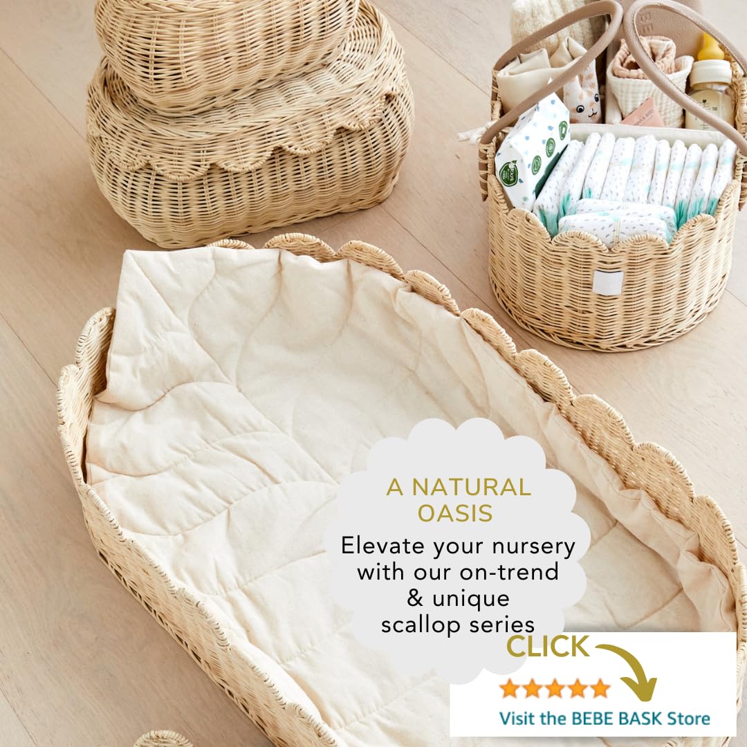 BEBE BASK Premium Baby Diaper Caddy Organizer - Handmade & Award-Winning Scalloped Rattan Basket - Luxury Diaper Caddy Basket - Elegant Scalloped Edge (Natural)