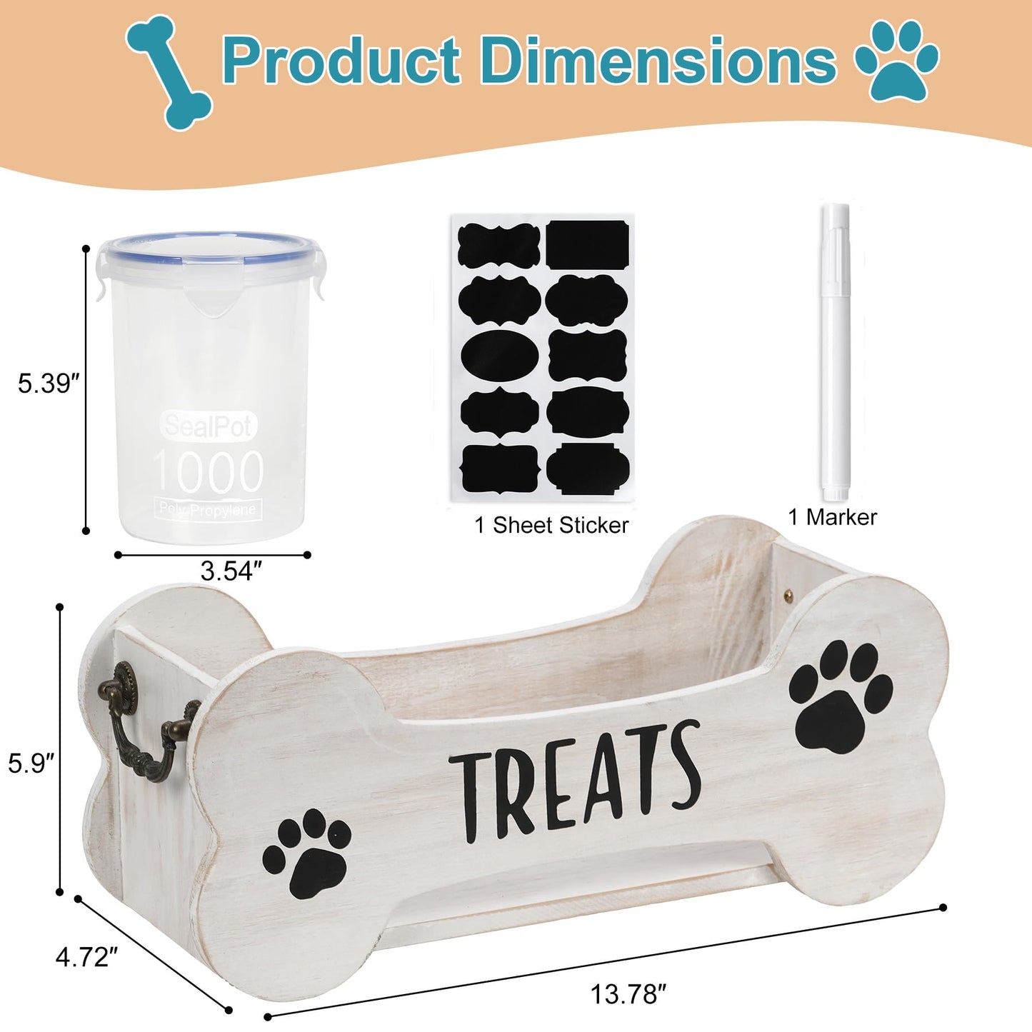 WGFKVAS Dog Treat Container Dog Food Storage Container for Countertop，Wooden Cat Food Storage Container with 3 Jars，Dog Treat Jar with Lid，Great Gift for Pet Dog Owners (White)