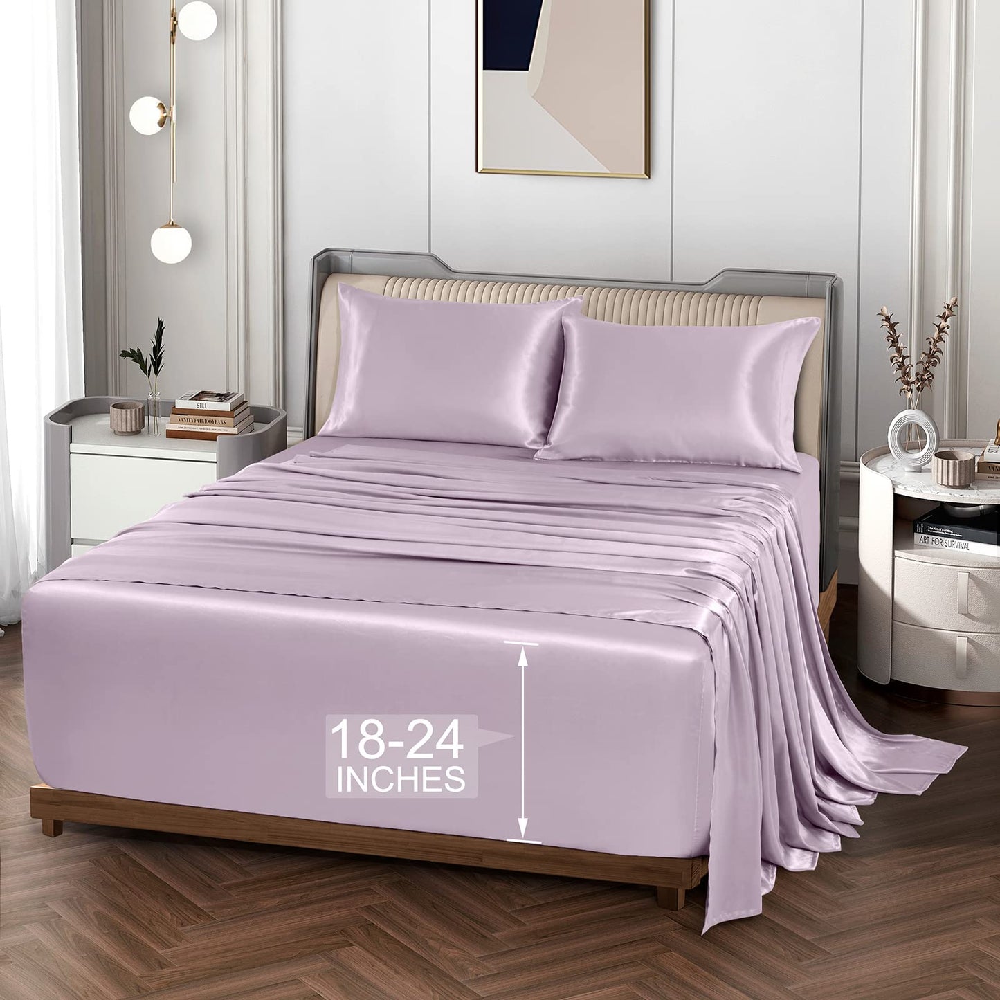 Vonty Satin Sheets Extra Deep Pocket Queen Sheet Sets - Cooling & Silky Satin Queen Size Sheets with 18-24 Inch Deep Pocket, Luxury Lavender Satin Bed Sheets Fit Up to 24" Deep Mattress - 4 Piece