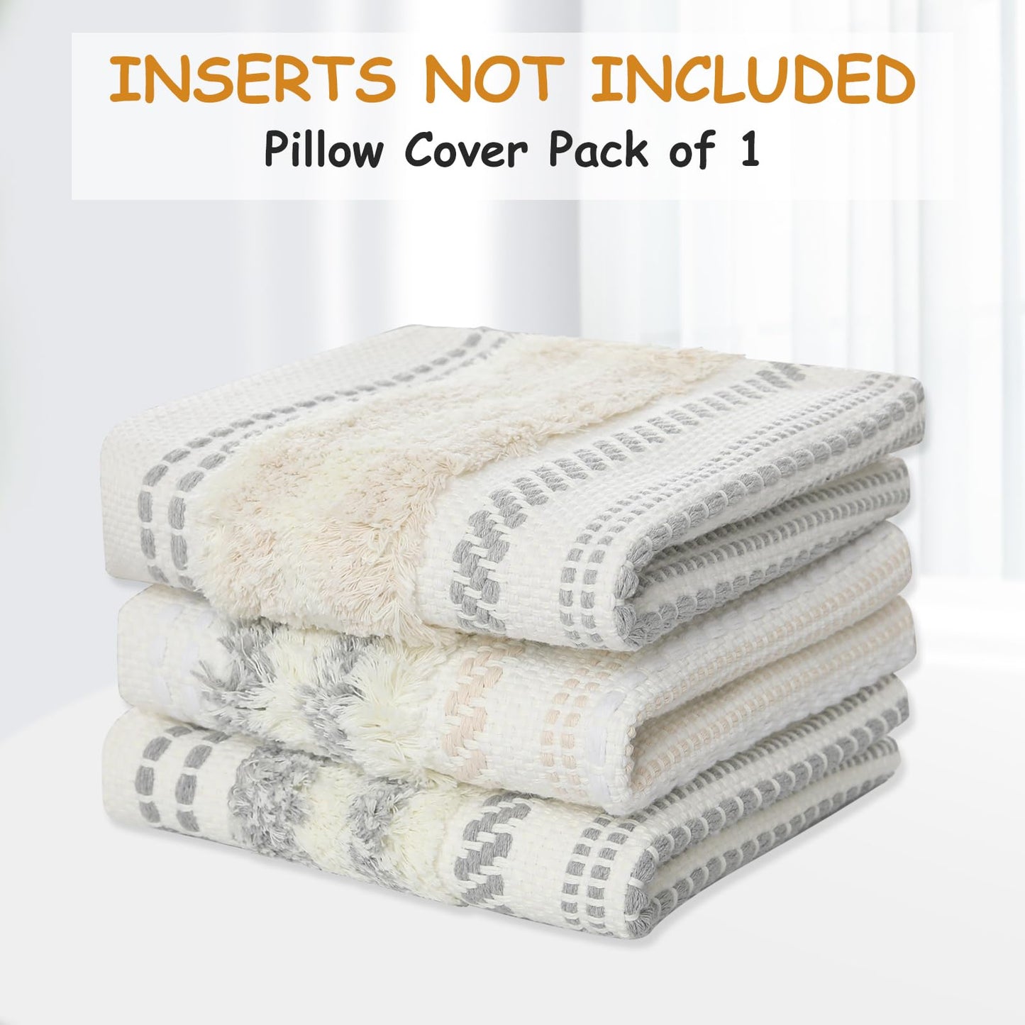 decorUhome Decorative Boho Throw Pillow Cover 12x20, Lumbar Accent Neutral Textured Tufted Pillow Cover Striped for Couch Bed Sofa, Beige and Cream White, Pack of 1