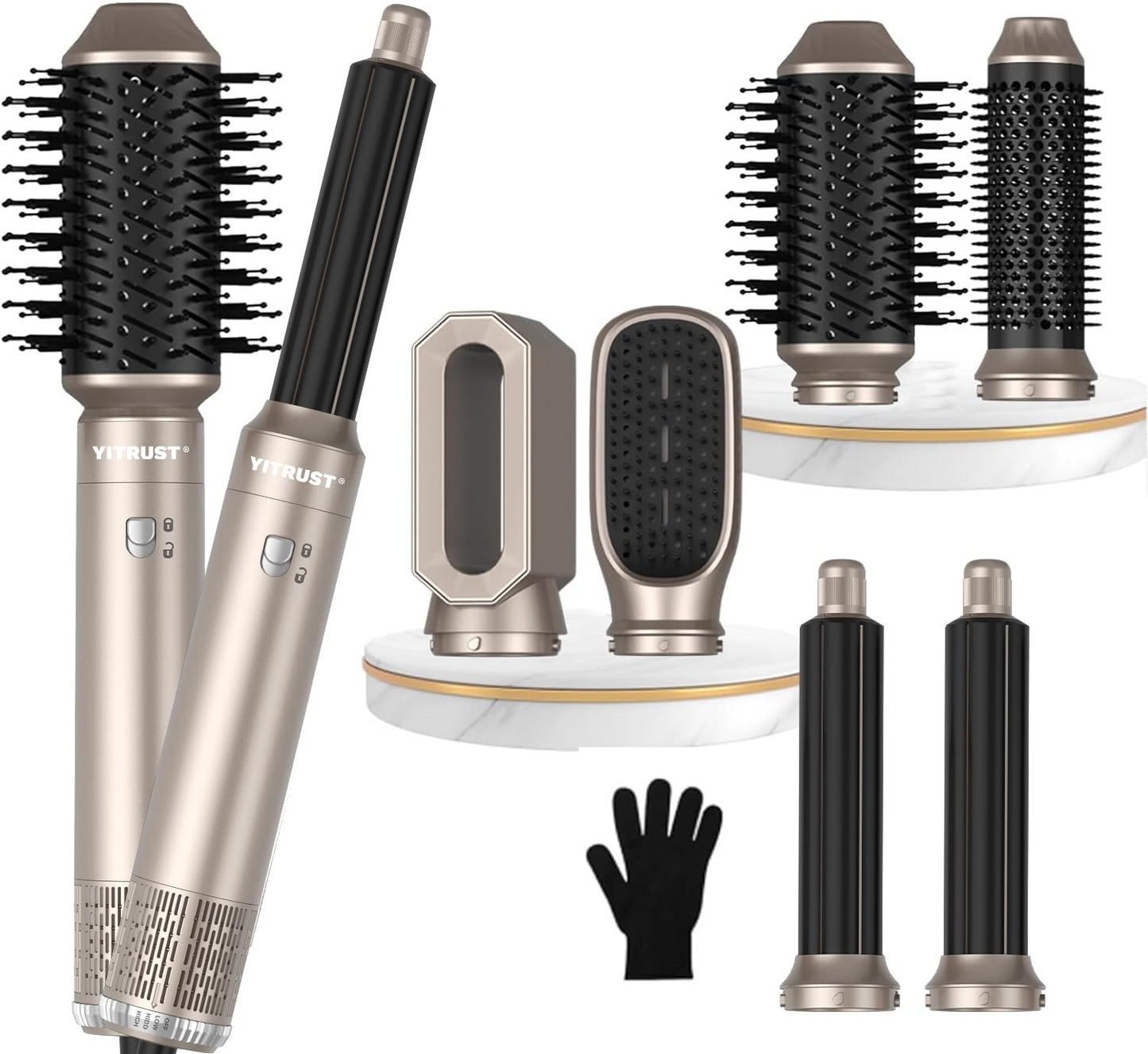Yitrust Hair Dryer Brush 6 in 1 Detachable Blow Dryer Brush Set 60000RPM Hair Styling Tool 1000W Professional Hot Air Styler Negative Ionic Hot Air Brush Auto Air Curler Straighten Round Brush (Gold)