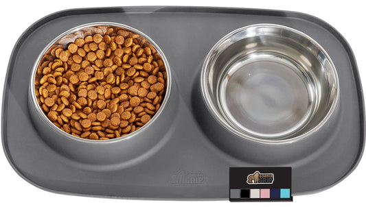 GORILLA GRIP Patent Pending 100% Waterproof BPA Free Cat and Dog Bowls Silicone Feeding Mat Set, Stainless Steel Bowl Slip Resistant Raised Edges, Catch Water, Food, Pet Accessories, 2 Cup, Gray