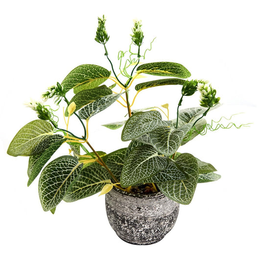 Giftale 12.8'' Fake Plants Greenery Faux White Nerve Plants Artificial Ficus Plant with Rustic Black Cement Planter for Home Living Room Bathroom Decor Indoor & Outdoor Kitchen Office Desk Bookshelf