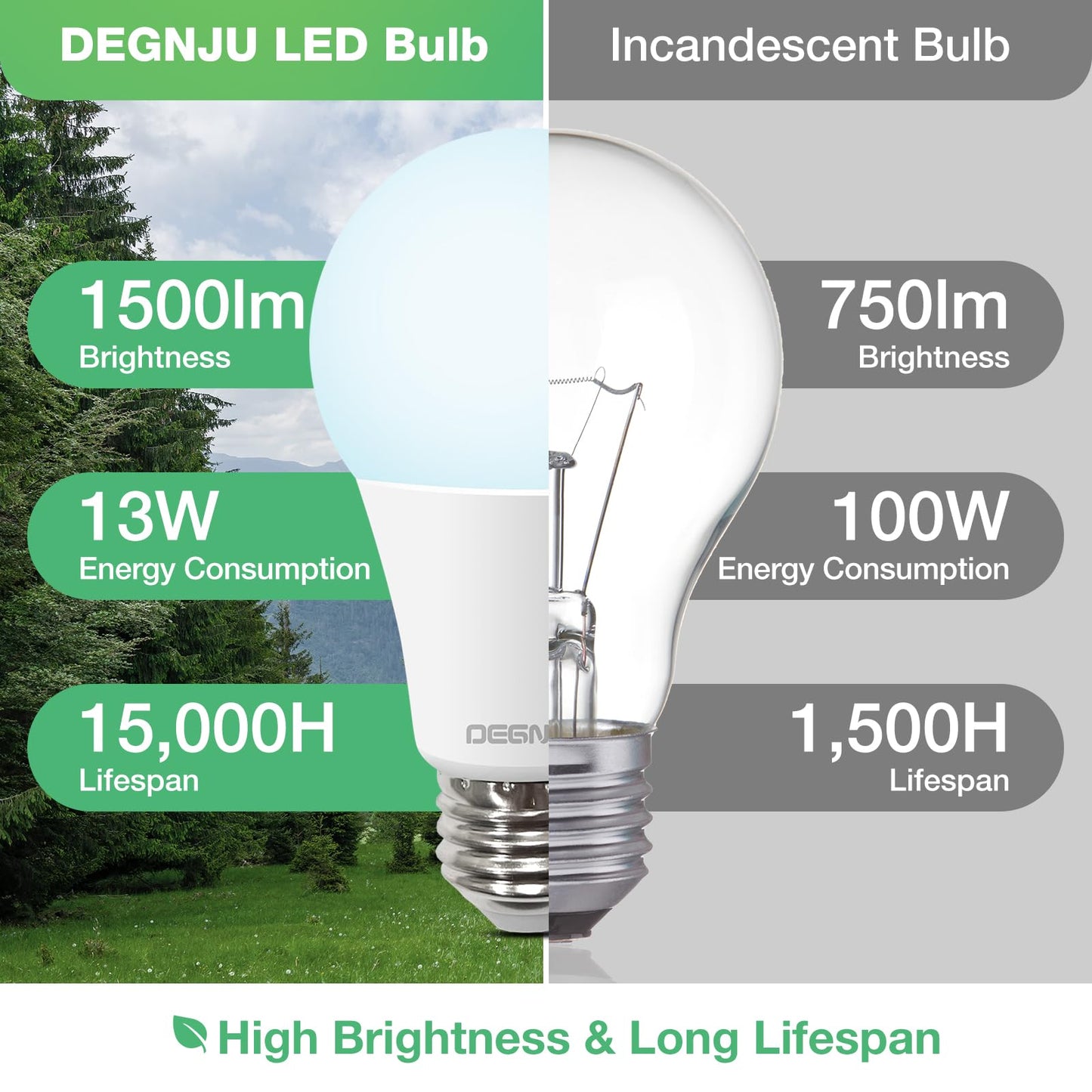 DEGNJU LED Light Bulbs, 100 Watt Equivalent LED Bulbs A19, 5000K Daylight Light Bulb, 1500 Lumens, E26 Standard Base, Non-Dimmable, 13W Bright White LED Bulbs for Bedroom Home Office, 12 Pack