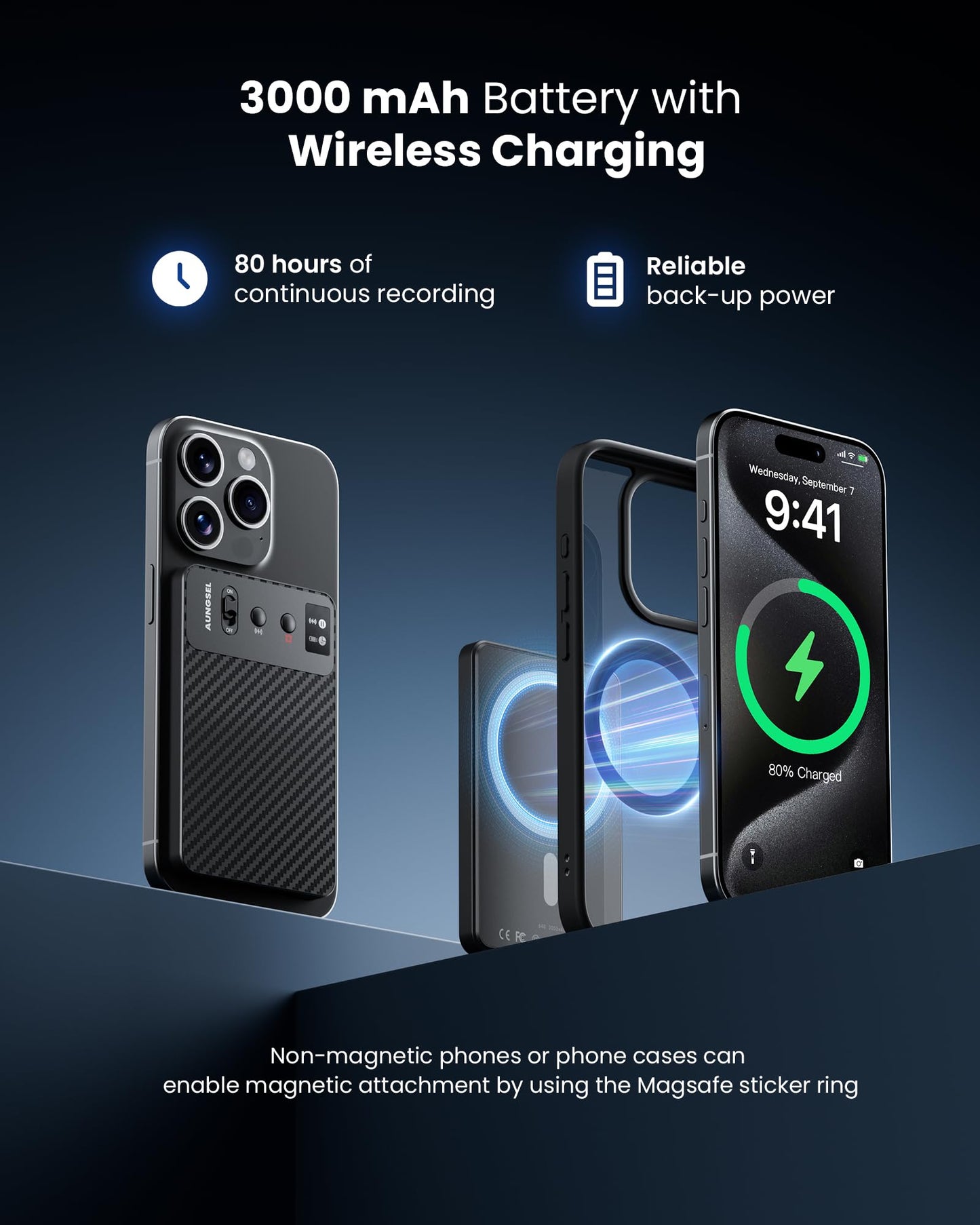 Aungsel AI Voice Recorder, Transcribe & Summarize AI Audio Recorder, Support 121 Languages, 64GB Memory, Wireless Charging, App/Web Control, Digital Recording Device for Lectures, Meetings, Calls