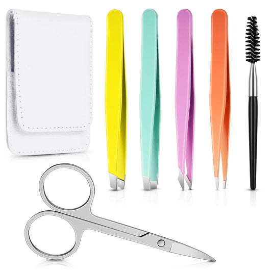 Honoson 6 Pcs Eyebrow Tweezers Set for Women Precision Tweezer for Eyebrows with Curved Scissors Eyelash Brush Girls Facial Hair Plucking Daily Beauty Tools with Leather Storage Case(Various Color)