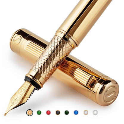 Scriveiner Silver Chrome Fountain Pen - Stunning Luxury Pen, Real Gold Finish Schmidt Gilded Nib (Medium), Best Pen Gift Set for Men & Women, Professional, Executive Office, Nice Pens