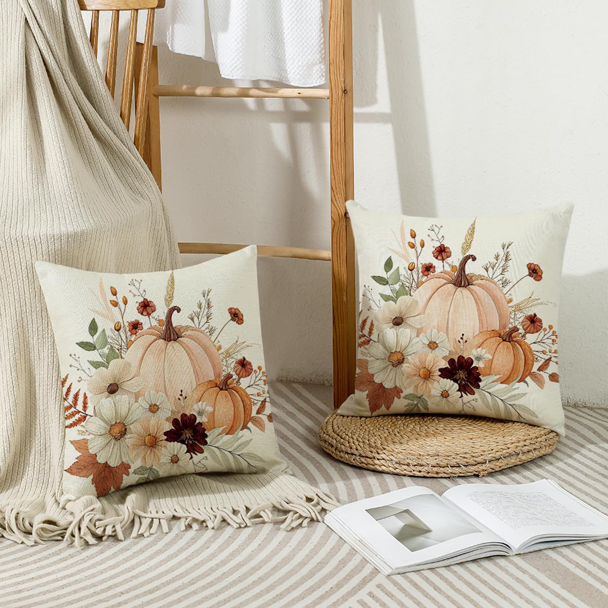 AMZDOTD Fall Pumpkin Pillow Covers 18x18 Inch Set of 2 Autumn Flower Pumpkins Throw Pillow Cover Indoor Outdoor Decorative Pillow Case Thanksgiving Harvest Cushion Case Sofa Couch Fall Decorations