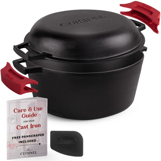 Cuisinel Cast Iron Dutch Oven 7-Quart - Pre-Seasoned 2-in-1 Deep Pot Multi-Cooker - Combo Lid Doubles as 12" Skillet Frying Pan + Silicone Handle Covers + Scraper/Cleaner - Indoor/Outdoor Cookware