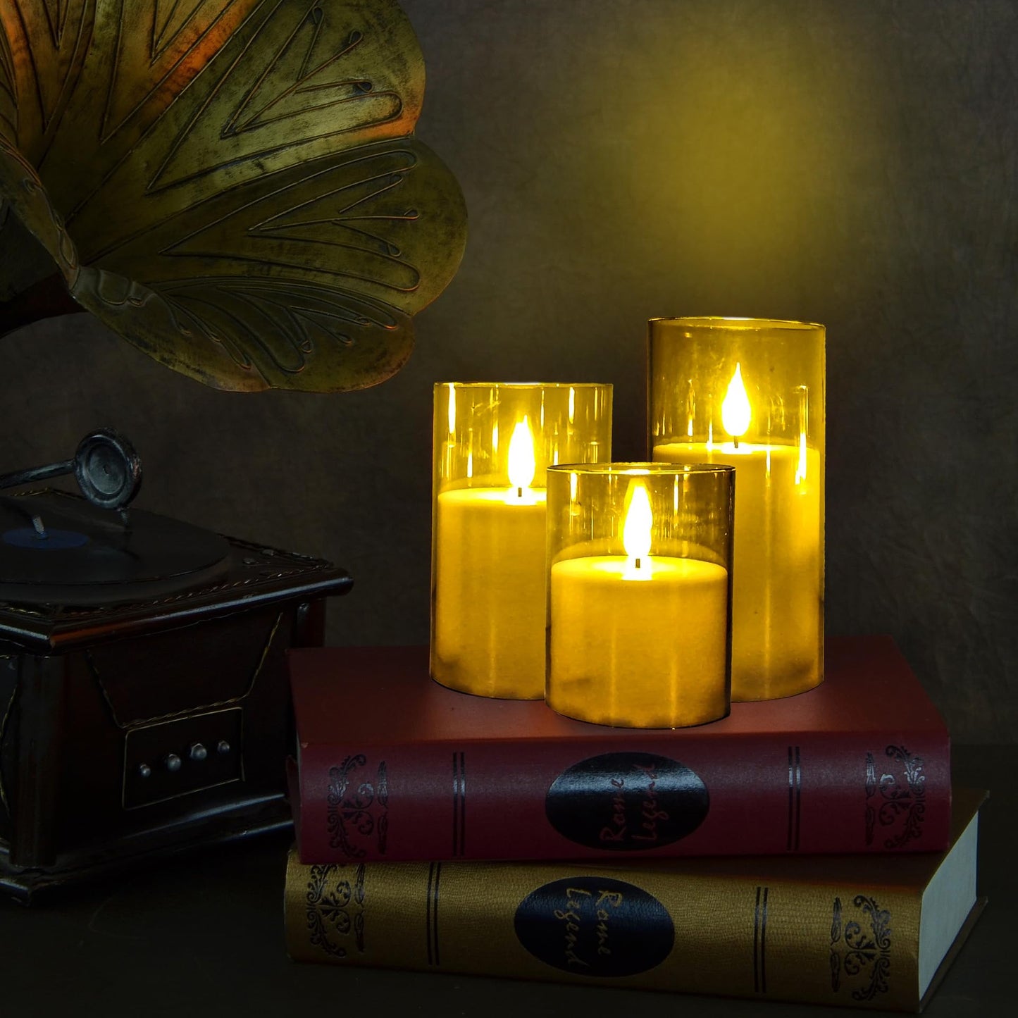 NICEME Amber Flickering Flameless Candles, Battery Operated Acrylic LED Pillar Candles with Remote Control and Timer Flameless Halloween Candles for Christmas New Year Home Decor, Set of 5