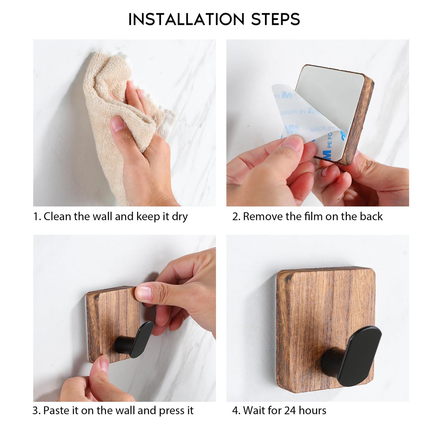 DELITON Towel Hooks for Bathrooms Adhesive, Wood Wall Hooks for Hanging Towels, Robes, Key, No Damage, 4 Pack Utility Hooks for Bathroom and Bedroom