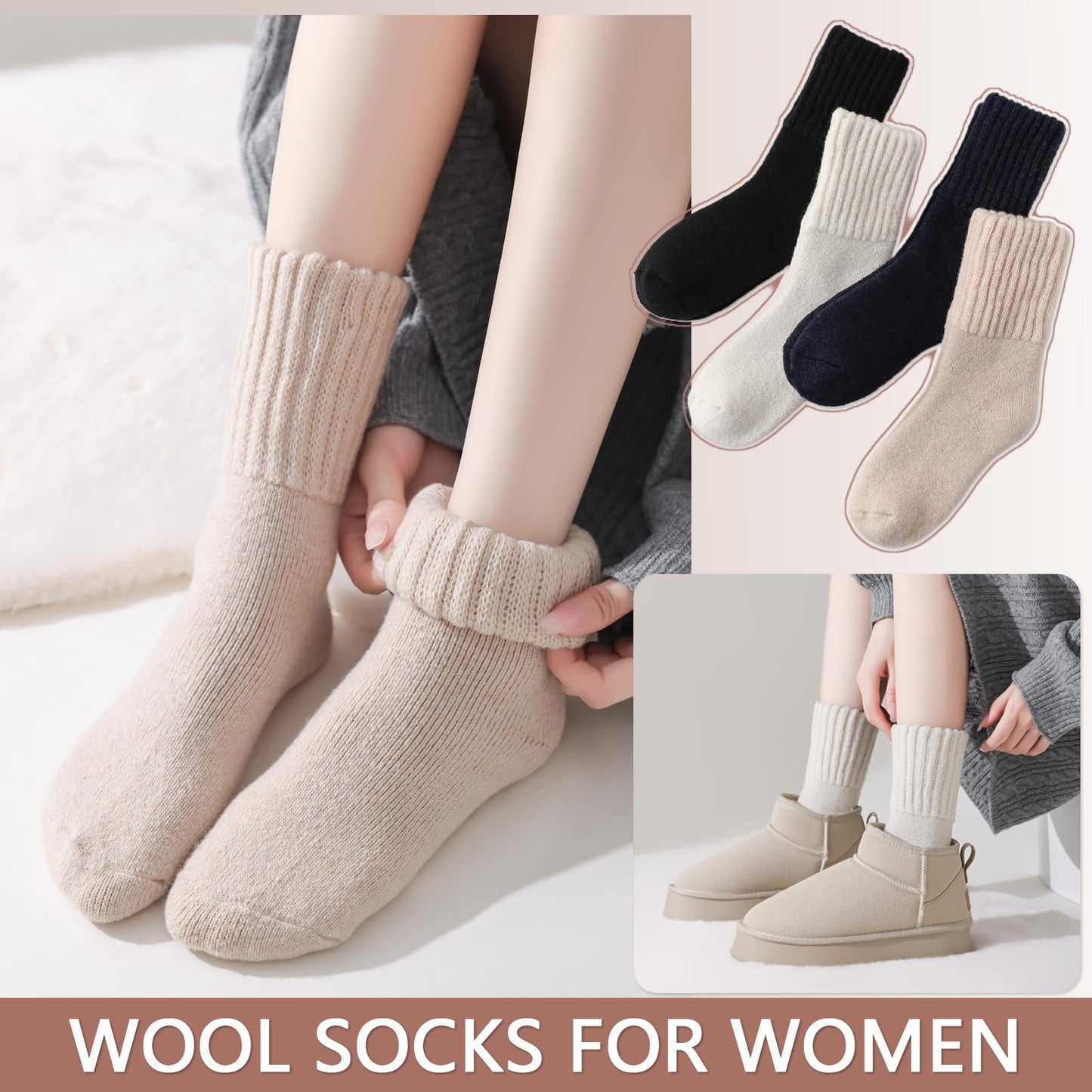 Marchare Women Wool Socks Boot Socks Winter Thick Warm Sock Cozy Crew For Women Ivory