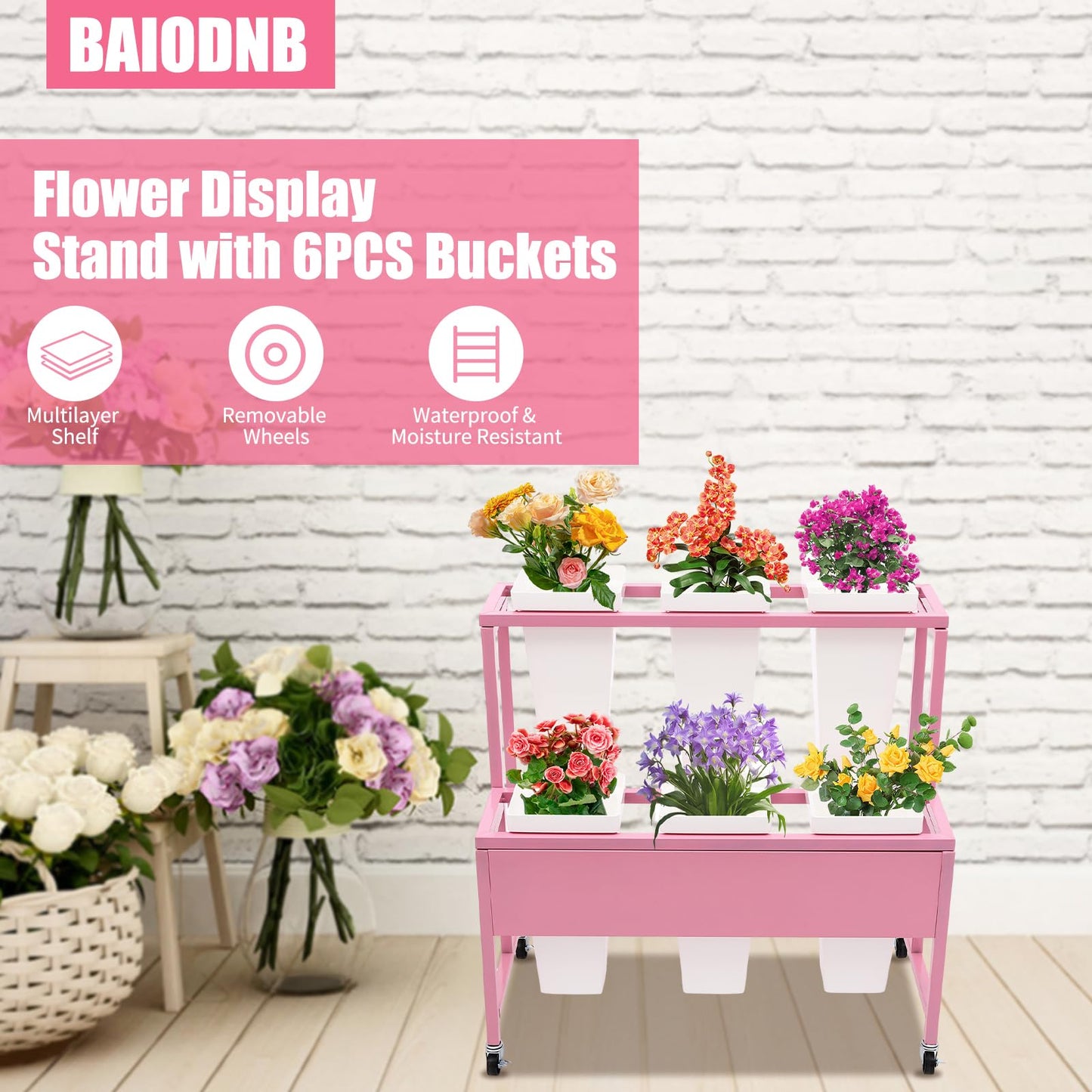 BAIODNB Flower Display Stand with 6PCS Buckets,2 Layers Metal Plant Stand With Wheels Plant Cart, Moving Florist Bouquet Shelf Flower Rack for Indoor, Outdoor Patio Garden, Living Room (Pinl+White)