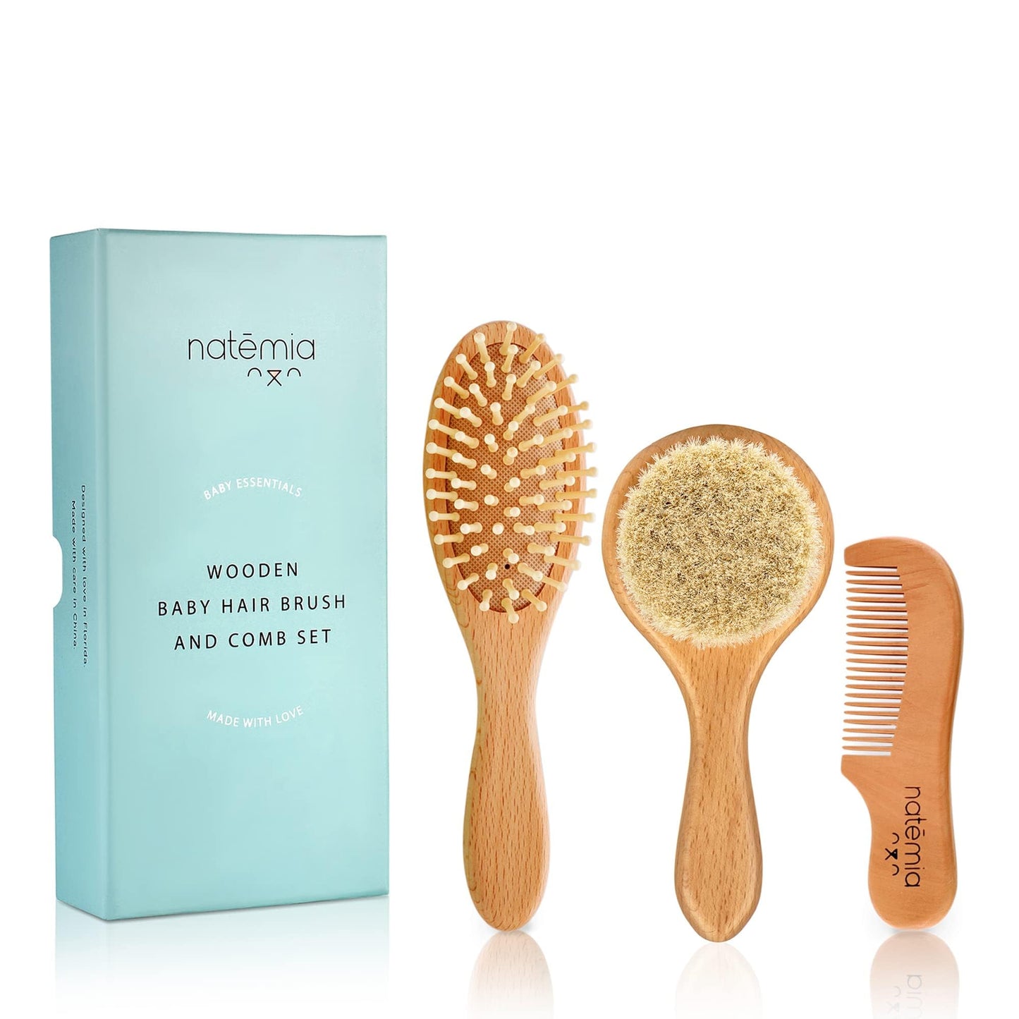 Natemia Wooden Baby Hair Brush & Comb Set for Newborns - Soft Bristle, Toddler Cradle Cap Brush - Toddler Comb - Perfect Baby Shower Registry Gift Set