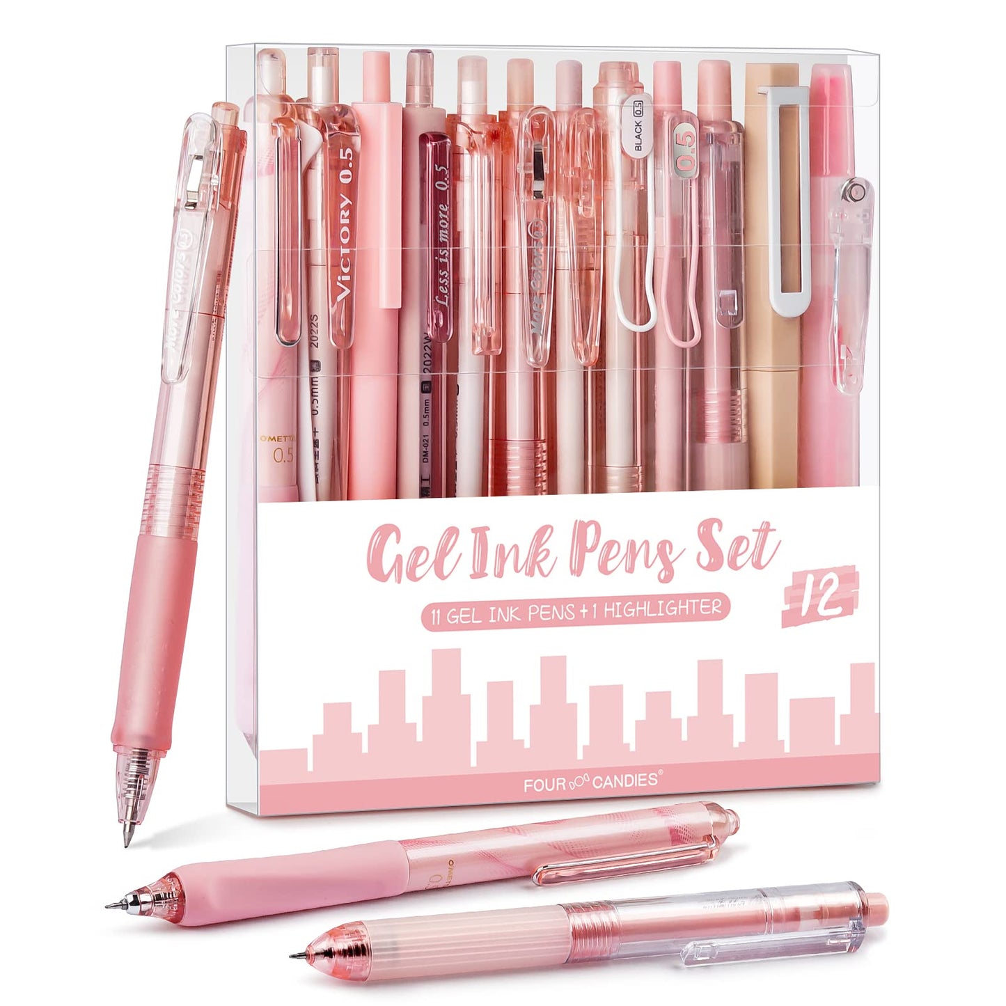 Four Candies Rose Series Gel Pens, Cute Writing Pens with Black & Pink Ink, 0.5 mm Smooth Fine Point, Back to School Office Supplies Girly Stationery Aesthetic Desk Accessories for Women, Set of 12