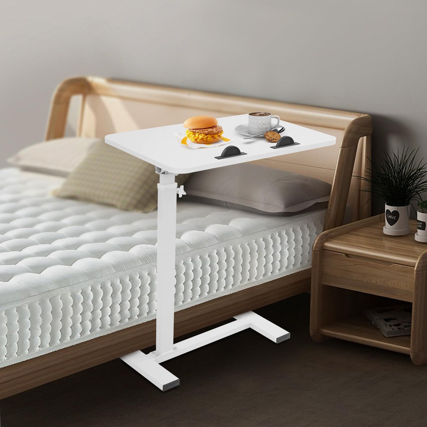 Adjustable Overbed Side Table with Wheels, C Shaped Laptop Desk, Mobile Standing Computer Tray Tables, Rolling 180°Swivel Top Flip Laptop Stand Table for Sofa and Bed, Home Office Use (White)