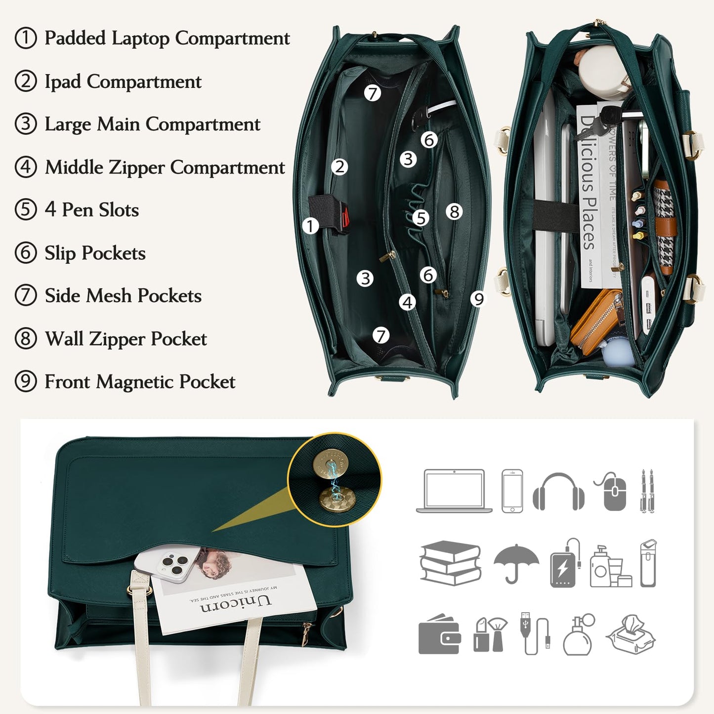 RAINSMORE Laptop Bag for Women 15.6 Inch Work Tote Bags Leather Laptop Tote Waterproof Computer Bag Professional Office Briefcase Large Handbag for College Teacher Travel, Beige and Green