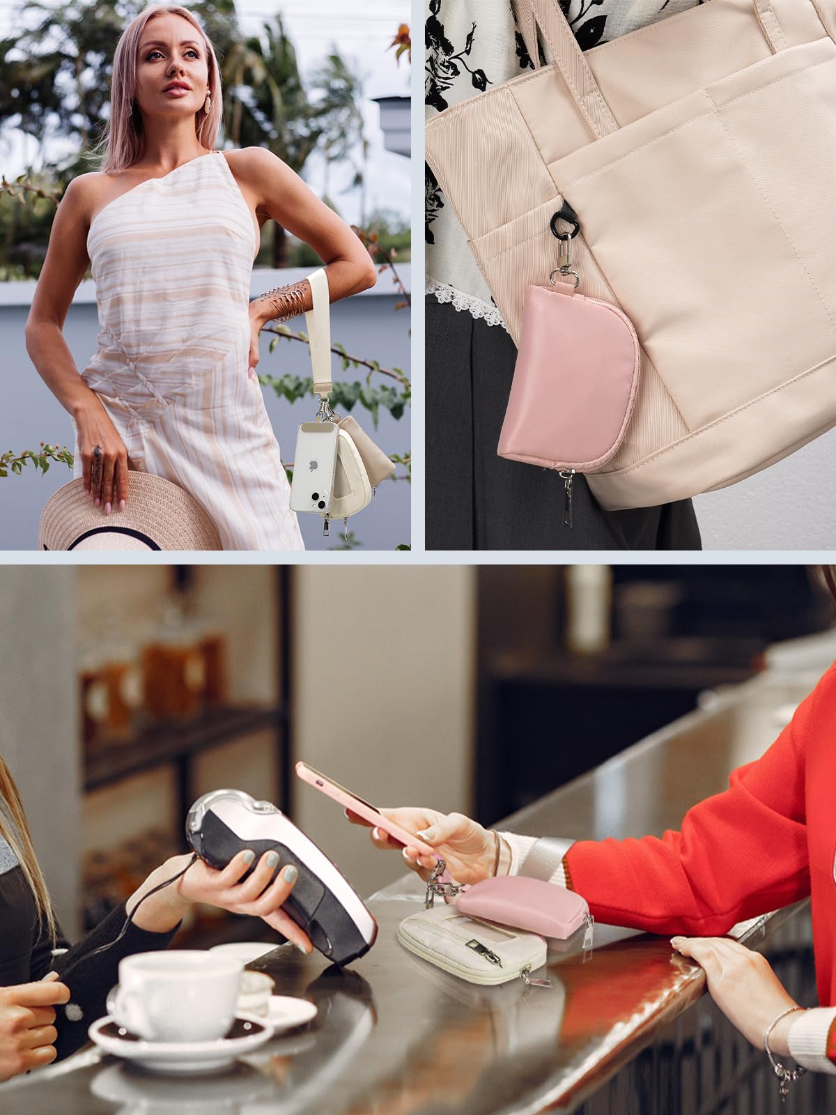 Flowston Mini Zip Around Dual Pouch Wristlet Keychain Wallet Portable Coin Purse Pouch Suitable for Women and Men with Phone Tether Tab