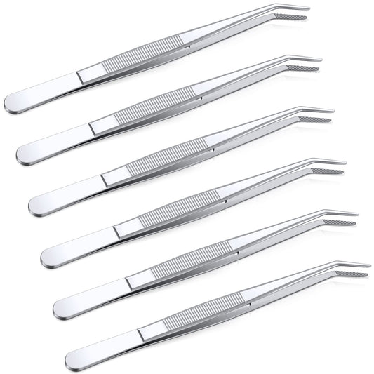 Honoson 6 Pcs Stainless Steel Tweezers for Crafting with Curved Serrated Tip Multipurpose Forceps Sewing Machine Tweezers Bulk (Silver)