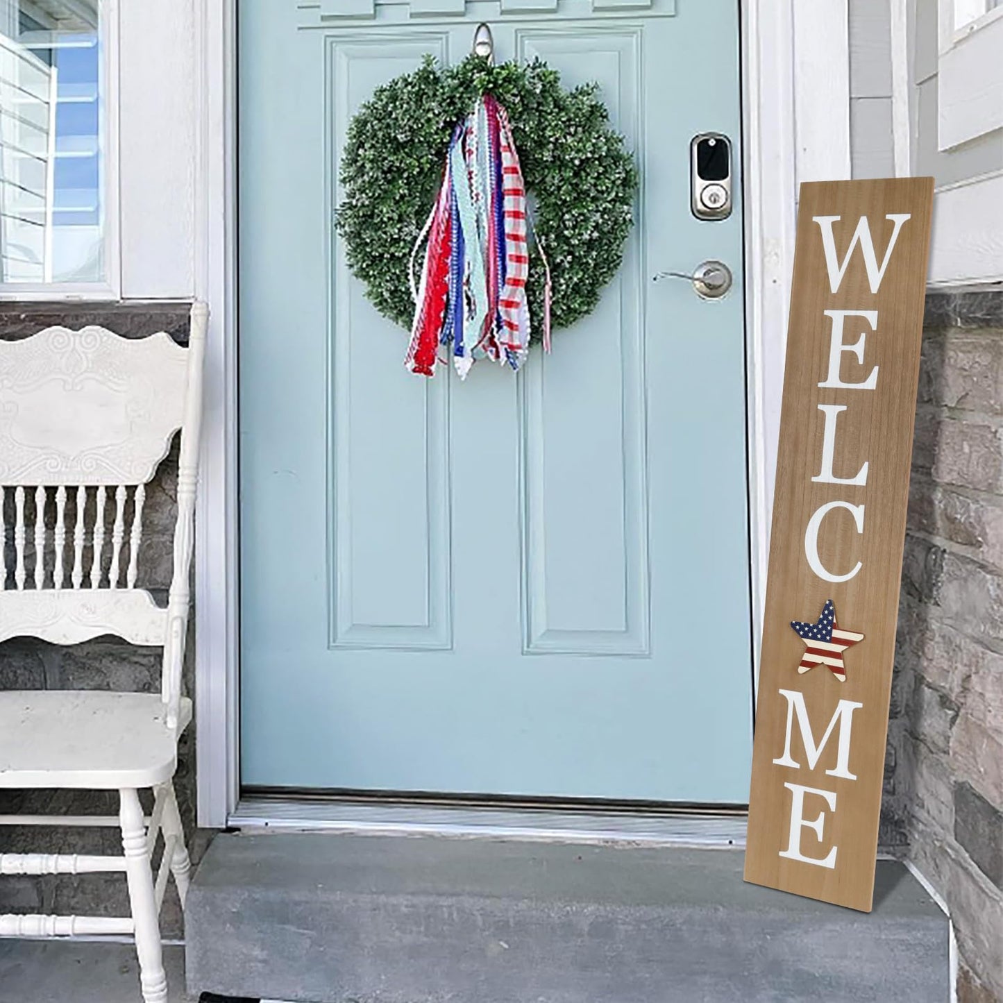 Interchangeable Welcome Sign for Front Porch- 45"X9" Large Standing/Hanging Wooden Sign with 12 PCS Replaceable Icons for 4th of July Fall Halloween Porch Wall Yard Decorations