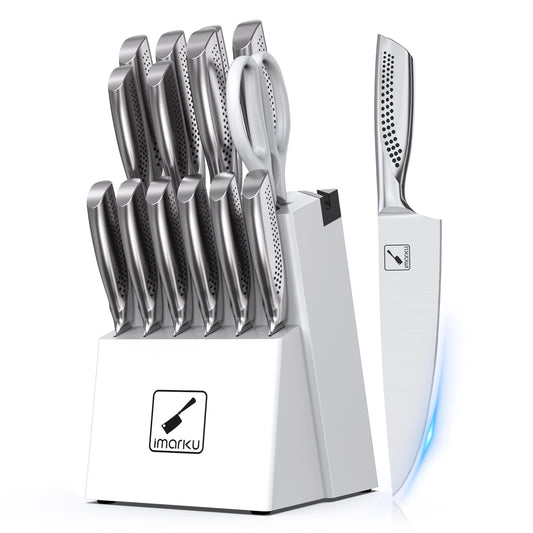 imarku Knife Set, Japanese HC Stainless Steel 15 PCS Kitchen Knife Set With Block With Built-in Sharpener, Razor-Sharp Blade Knife Block Set With Dotted Ergomomic Handle, Best Birthday Gifts, White
