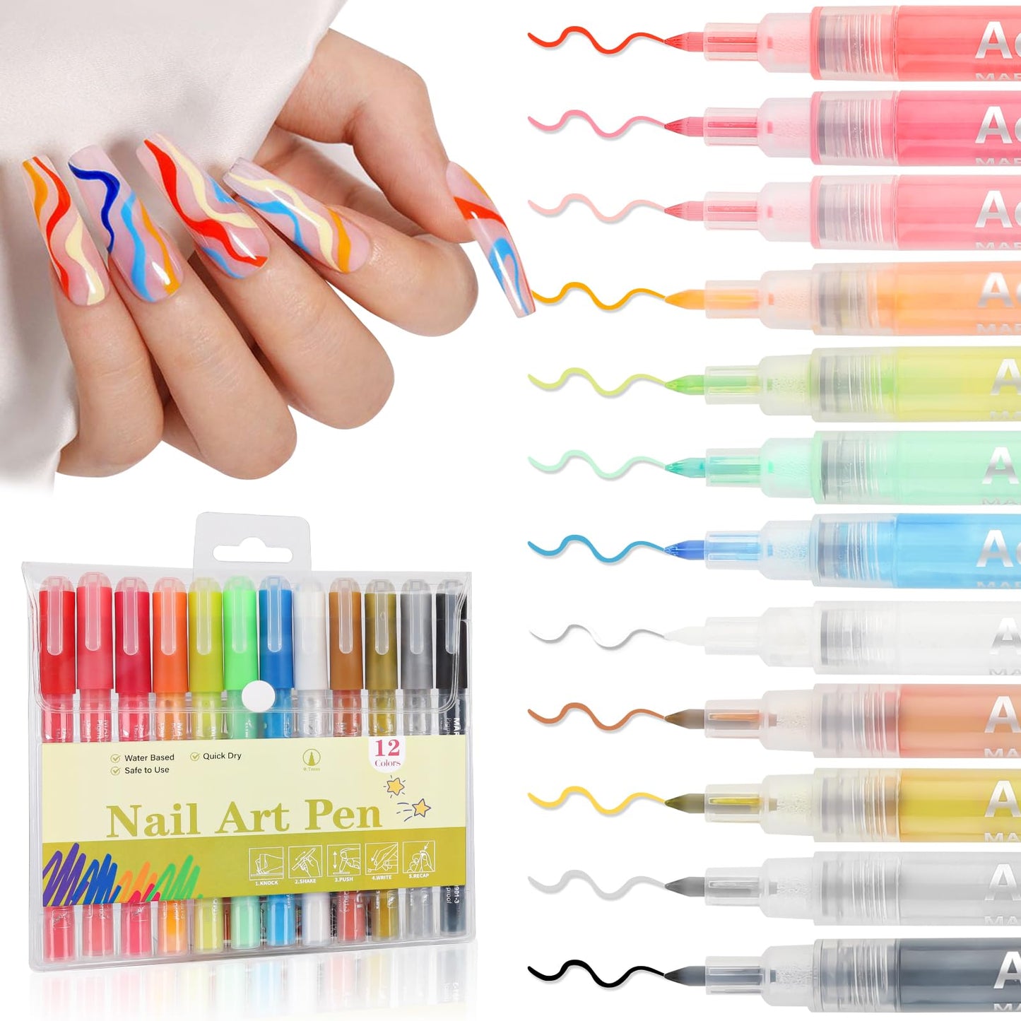 12 Colors 3D Nail Art Pens, Fine Tips 0.5 MM Nail Polish Pens Quick-Drying EBANKU Acrylic Nail Paint Point Dotting Liner Pen Tools for Home & Salon Manicure DIY