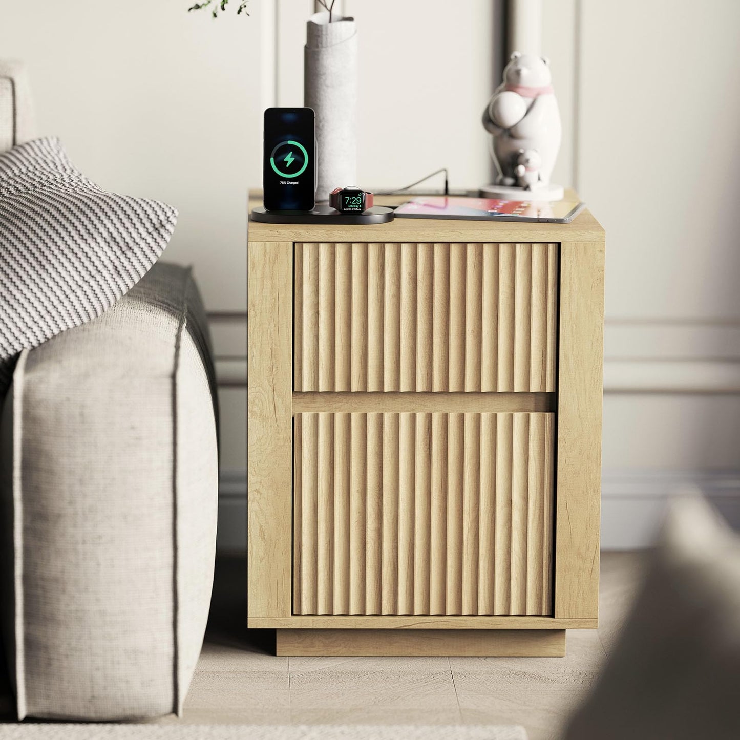 Modern Nightstand with USB Charging Ports, Wavy Bedside Table for Bedroom, Wood End Table Storage Cabinet for Living Room Sofa Office (Double Drawer)