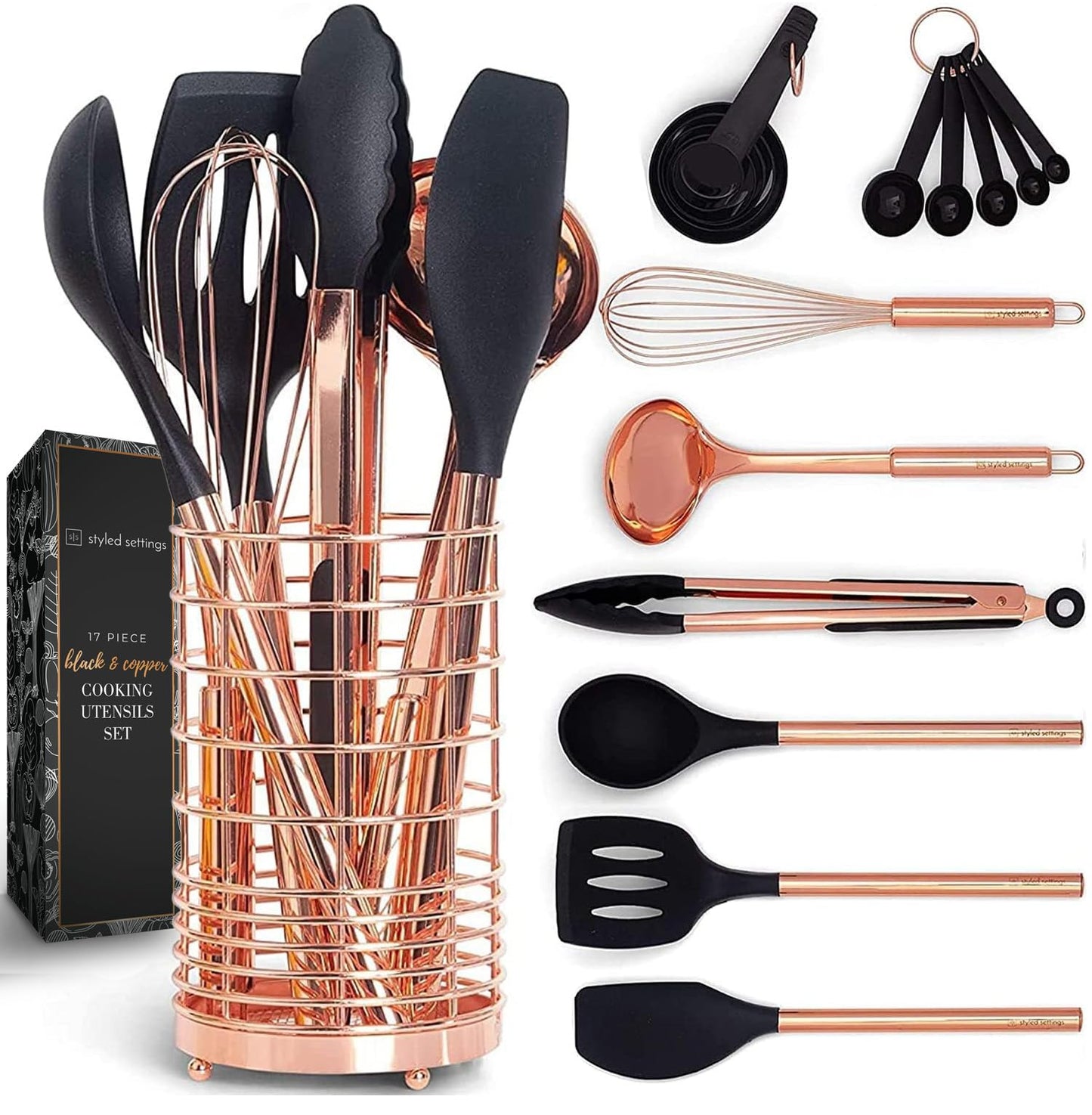 Black and Copper Kitchen Utensils with Holder - 17-Piece Set with Measuring Cups and Spoons, Rose Gold Cooking Tools - Stylish Black and Copper Kitchen Accessories for Modern Cooking and Baking