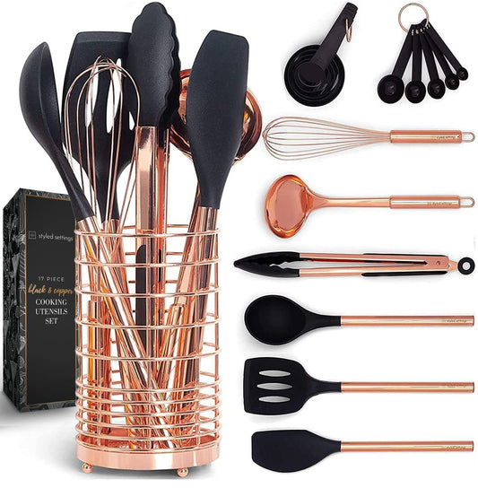 Black and Copper Kitchen Utensils with Holder - 17-Piece Set with Measuring Cups and Spoons, Rose Gold Cooking Tools - Stylish Black and Copper Kitchen Accessories for Modern Cooking and Baking