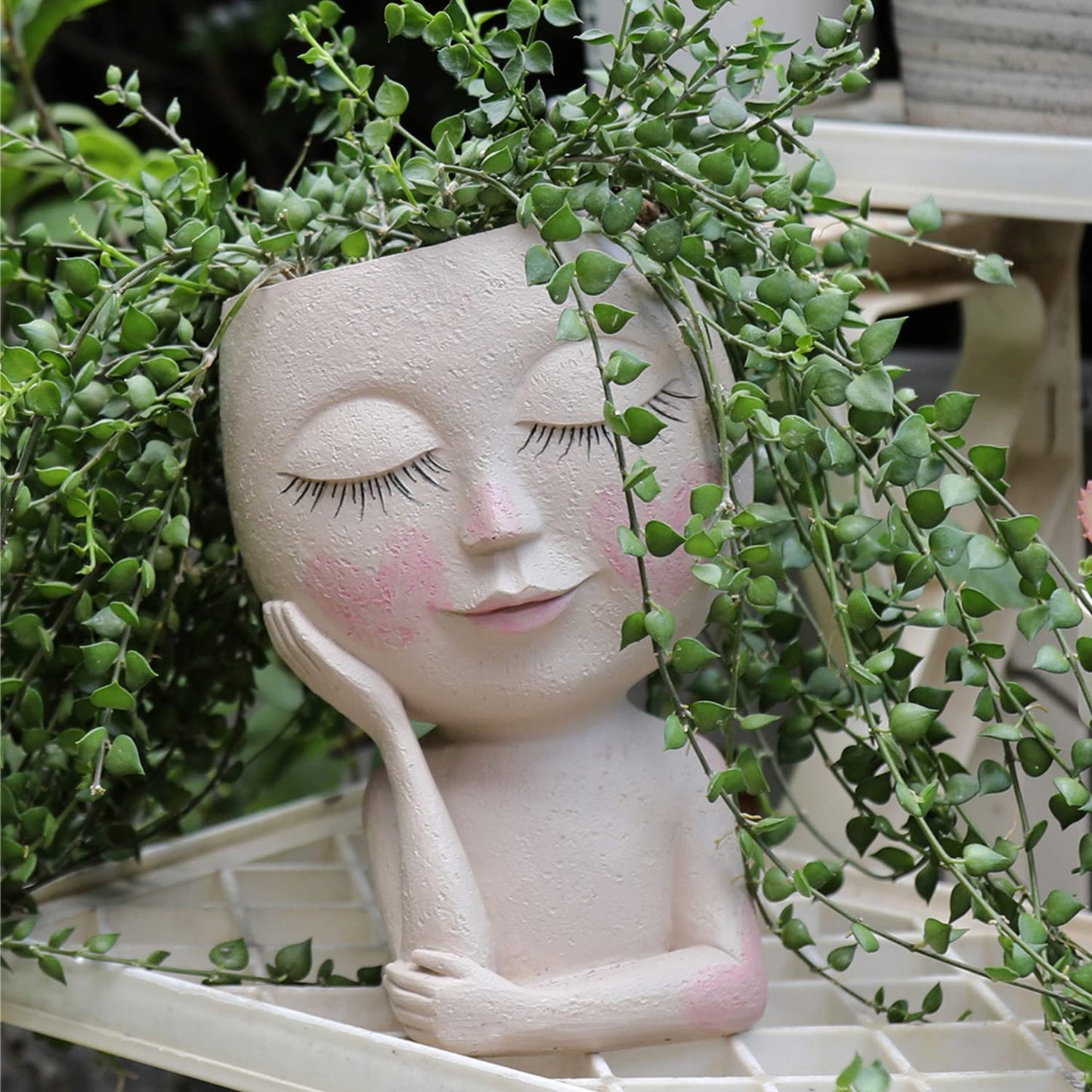 UMESONG Smiley Face Flower Planters Pots for Indoor Plants Resin Head Planter with Drainage Hole One Hand Hold Cute Face Succulent Pots with Closed Eyes for Outdoor Garden Planter (Light)