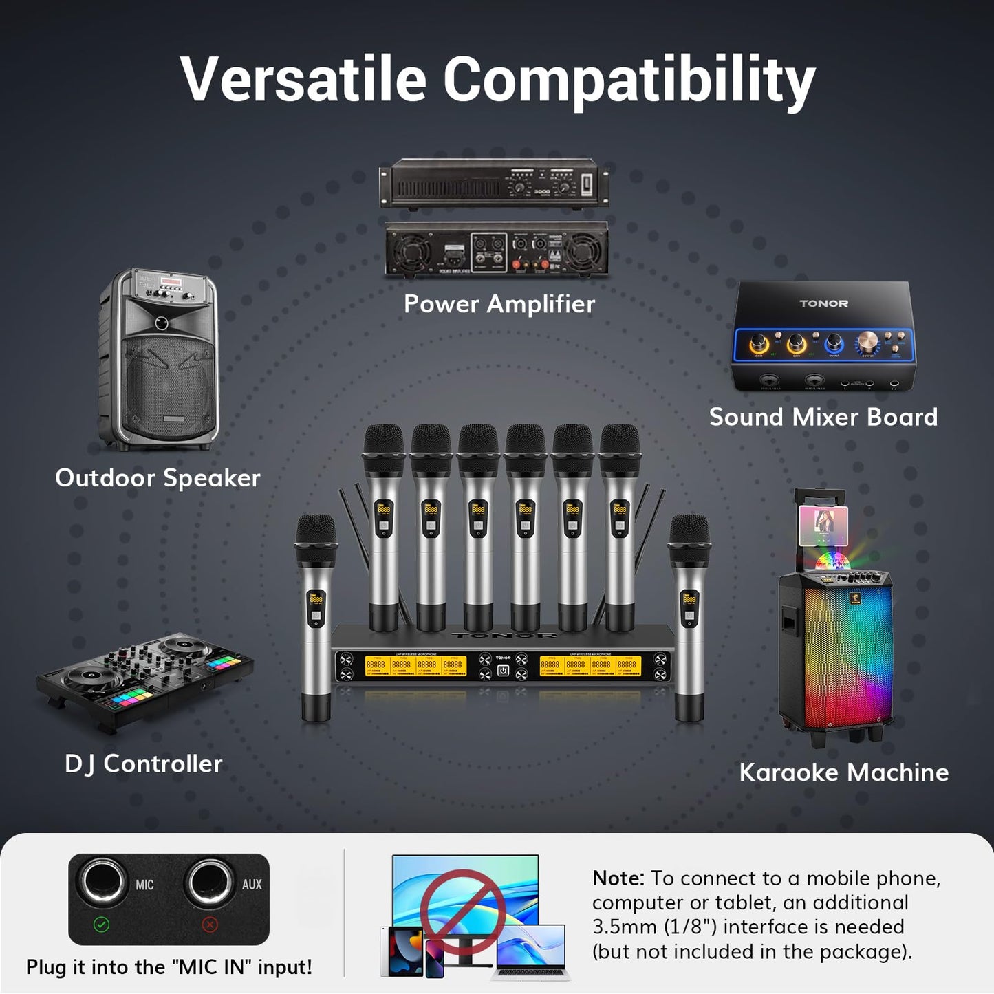 TONOR Wireless Microphone System, 12-Channel UHF Cordless Mic, 8 Handheld Metal Dyanmic Mic with Receiver, 295ft Range, 8x12 UHF Frequencies, Mic Mute, Ideal for Church Singing Karaoke Rehearse TW880