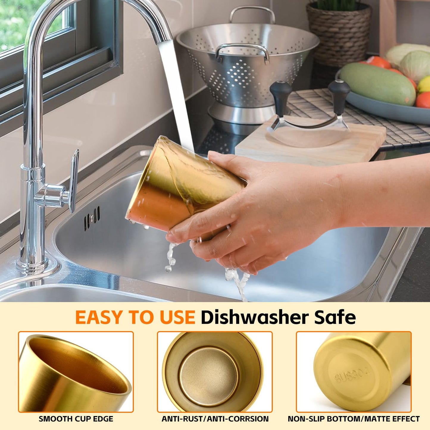 HOEGMST 10 Pack 12 oz Stainless Steel Insulated Cup, Double Wall Vacuum Small Metal Cup, Reusable Camping Cups Unbreakable Indoor Outdoor for Party, Home, Office, BBQ, Gold