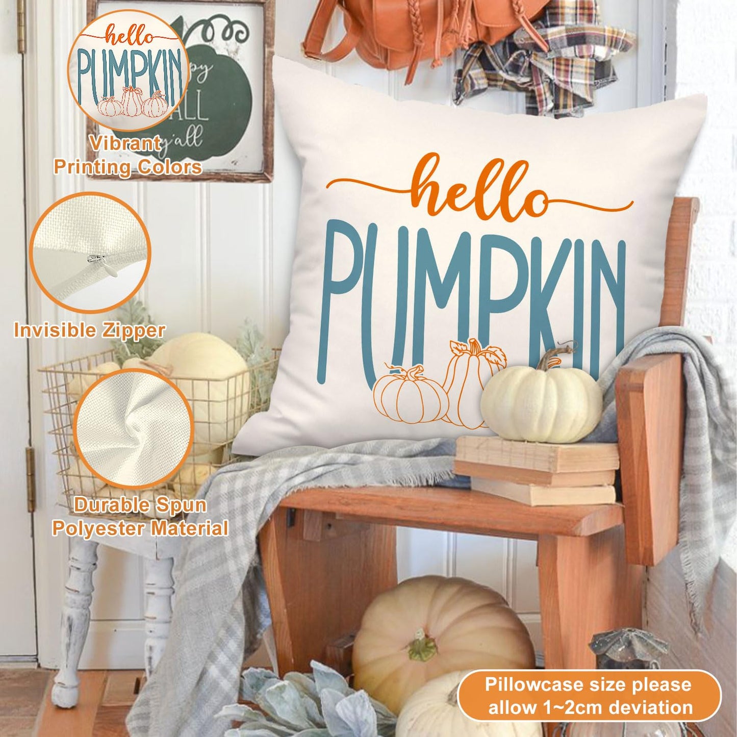 Ywlake Teal 18x18 Throw Fall Pillow Covers Set of 4, Maple Leaf Pumpkin Decorative Holiday 18 x 18 Autumn Cushion Covers Thanksgiving Pillow Case for Indoor Home Bedroom Couch Sofa Decor