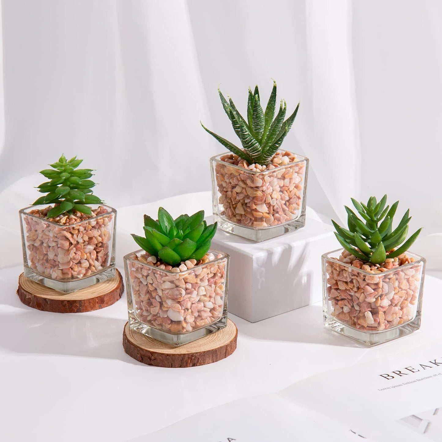 Briful Mini Fake Plants 4 Packs Succuletns Artificial Potted Plants in Cube Glass Vase Faux Succulents for Bathroom Living Room Kitchen Shelf Table Decor