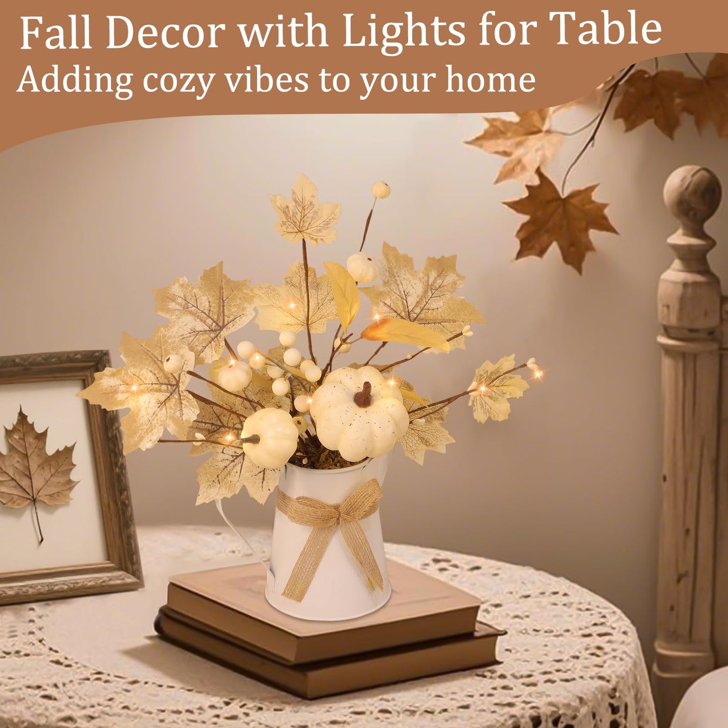 [Light & Timer] Fall Decor Table Centerpiece Potted White Maple Arrangement in Metal Pitcher Neutral Rustic Artificial White Pumpkin Berries Fall Decoration for Home Mantel Autumn Thanksgiving Wedding
