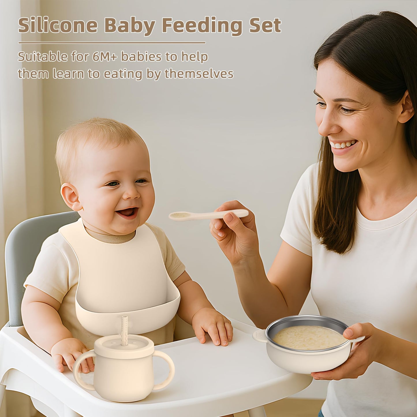 27 Pack Silicone Baby Feeding Set, Hepotk BPA-Free Food Grade Baby Feeding Essentials Utensils, Second Stage Baby Food Eating Utensils, Set of 3 babies(Brown, Beige, Grey)