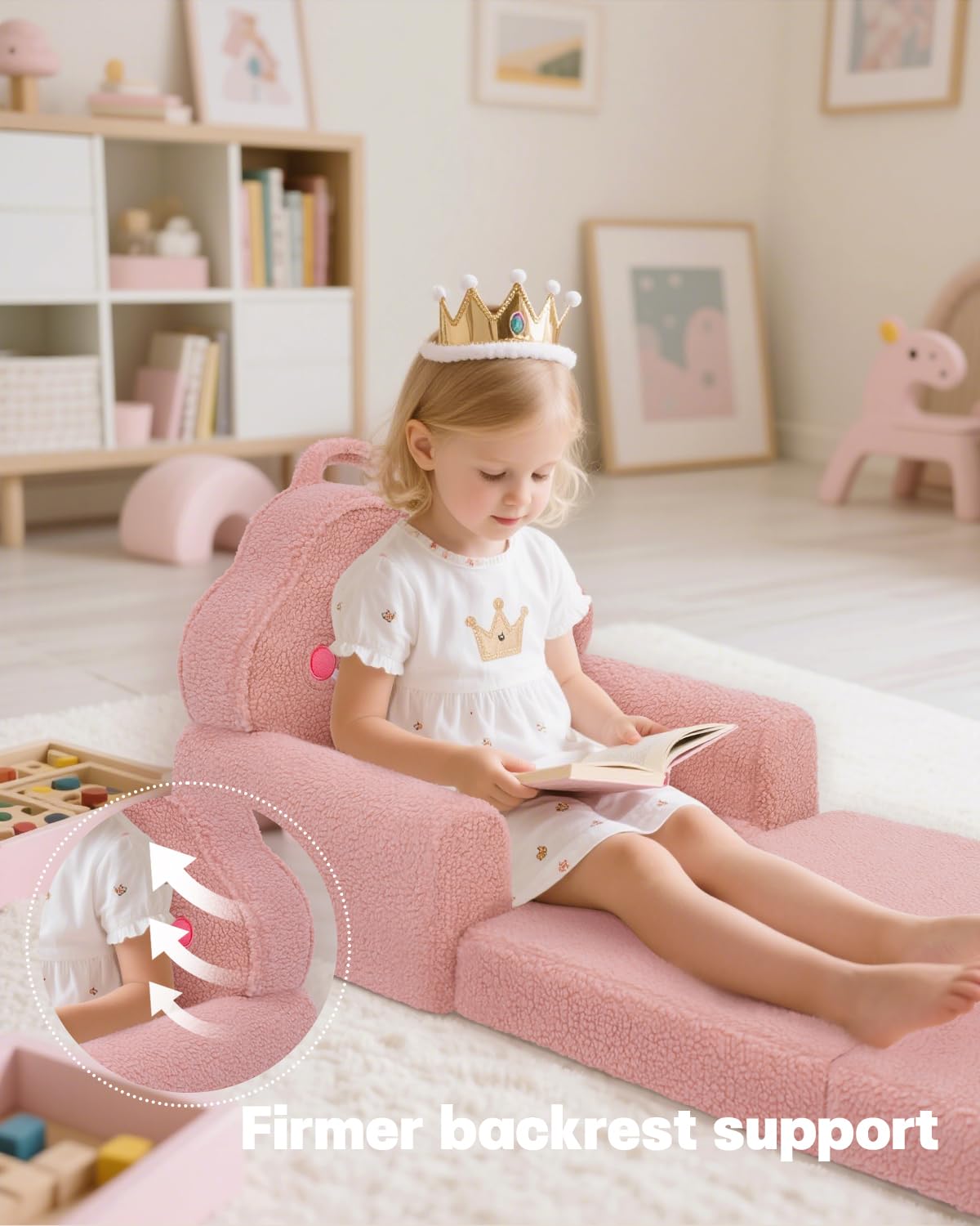 MOONBEEKI Kids Couch, 2-in-1 Convertible Soft Sherpa Fabric, Toddler Chairs Comfy 1-5 Years Old, Cartoon Animal & Crown Design, Toddler Furniture for Bedroom and Playroom, Pink Crown, Medium