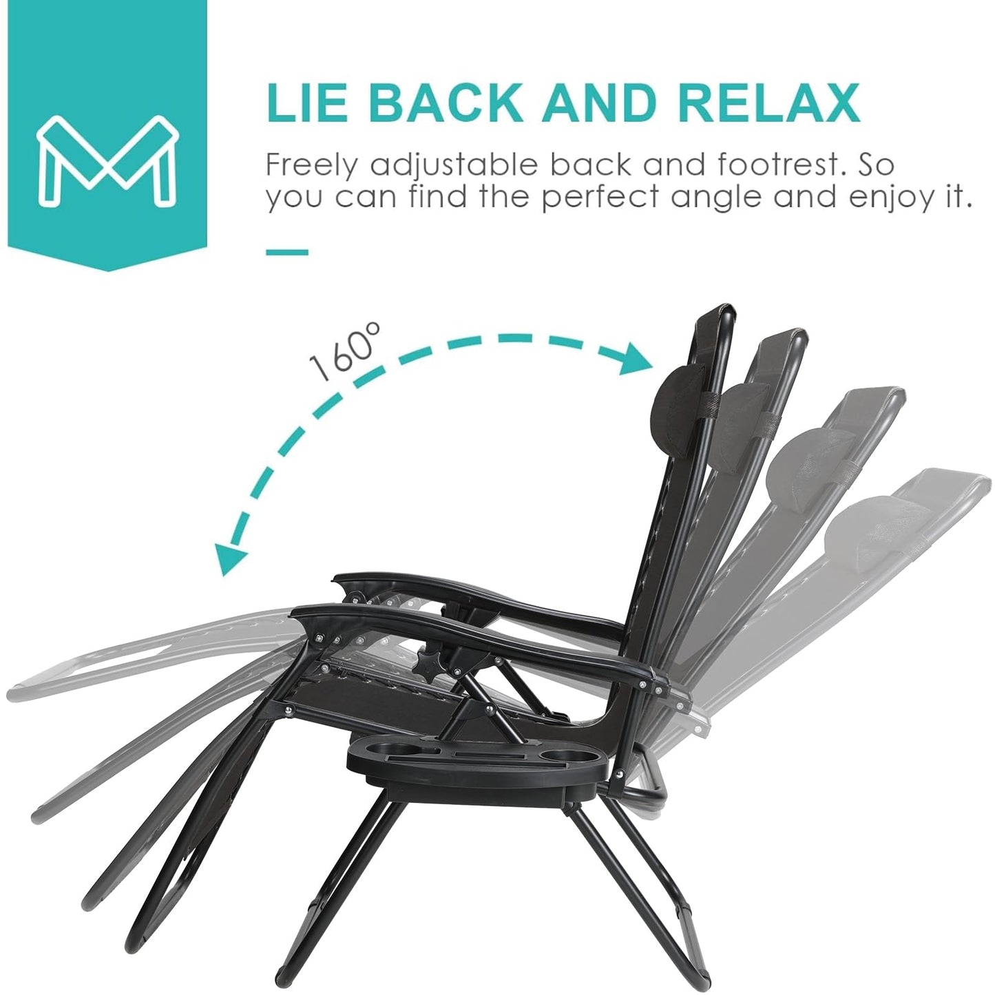 TLSUNNY Zero Gravity Chair Set of 2, Outdoor Folding Lounge W/Detachable Headrest & Holder Tray, Adjustable Textilene Lawn Reclining, No Assembly Required, for Patio, Garden, 330LBS (1, Black)