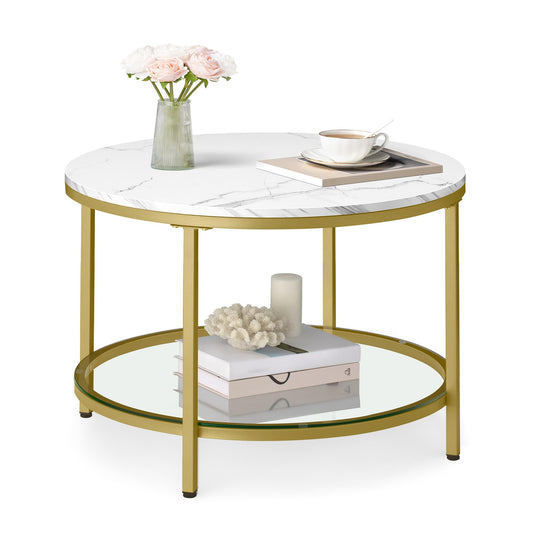 VASAGLE Round Coffee Table, 2-Tier Small Coffee Table with Faux Marble Top and Glass Shelf, Modern Style, for Living Room, 25.6 x 25.6 x 18.1 Inches, Marble White and Pale Gold ULCT072W59