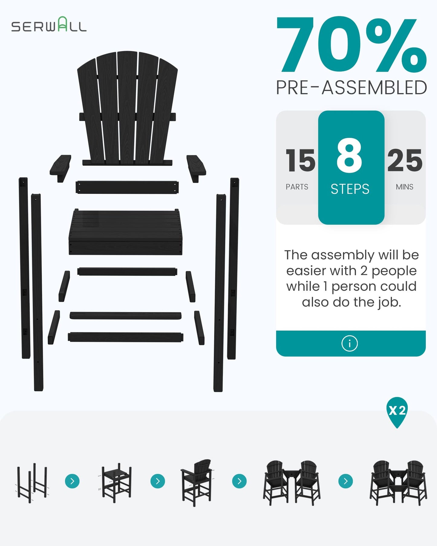 SERWALL Tall Adirondack Chairs Set of 2 with Double Layer Connecting Tray, HDPE Bar Height Outdoor Chairs, Wood-Like Adirondack Bar Stools for Patio, Balcony, Porch, Black