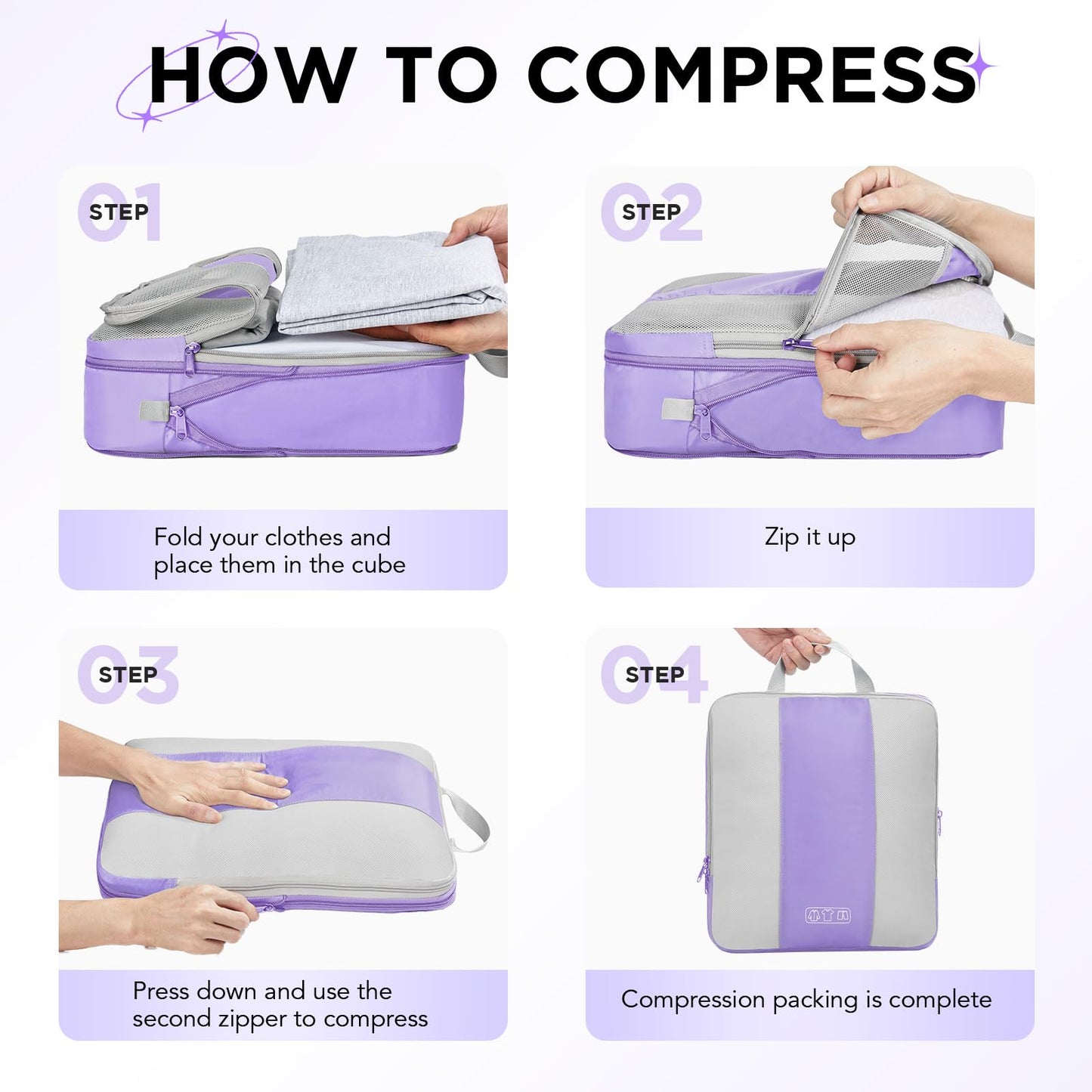 10 Set Compression Packing Cubes for Travel Essentials,Compressible Expandable Packing Cubes for Suitcase,OlarHike Luggage Organizer Bags for Travel,Handy Helper for Organizing Clothes(Light Purple)