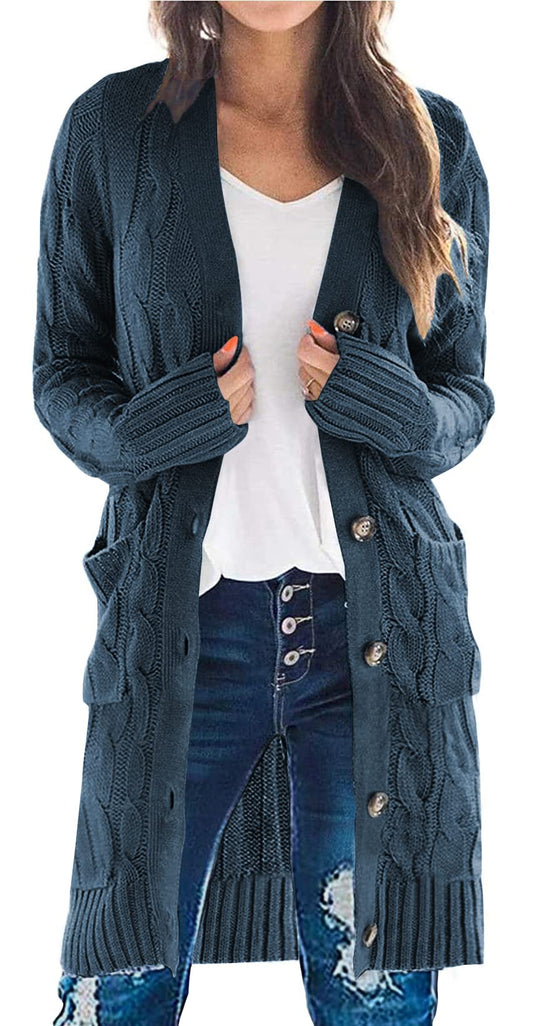 PRETTYGARDEN Long Sleeve Cable Knit Long Cardigan for Women 2025 Fall Winter Chunky Open Front Button Sweaters with Pockets (Blue, Small)