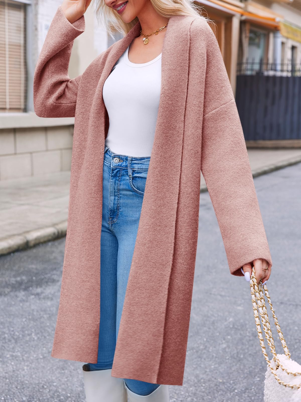 Saodimallsu Womens Long Cardigan Sweaters Chunky Open Front Oversized Slouchy Knit Fall Trendy Coatigan Jackets Pink