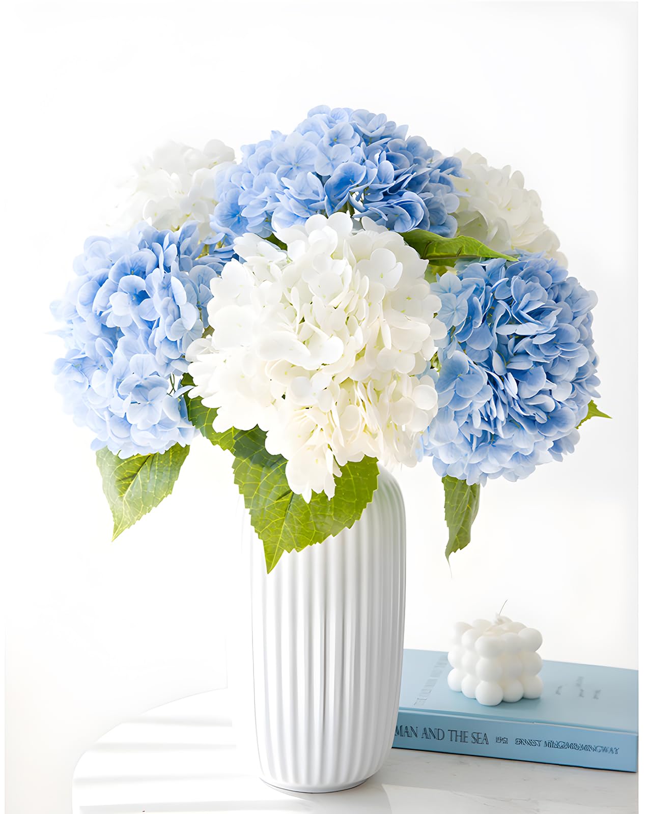 Real Touch White Hydrangea Artificial Flowers (4-Pack) -20" Faux Hydrangea Flowers with Long Stem & Leaves - Realistic Fake Hydrangeas for Home Decor Floral Arrangements Wedding Bouquets Centerpieces