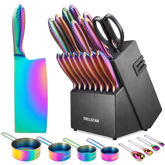Rainbow Knife Block Set 27-Piece, Iridescent German Stainless Steel Kitchen Knives Set with Wooden Holder, Colorful Titanium Coating, Include Scissors and 2-Stage Built-in Sharpener and 8pcs Gadgets