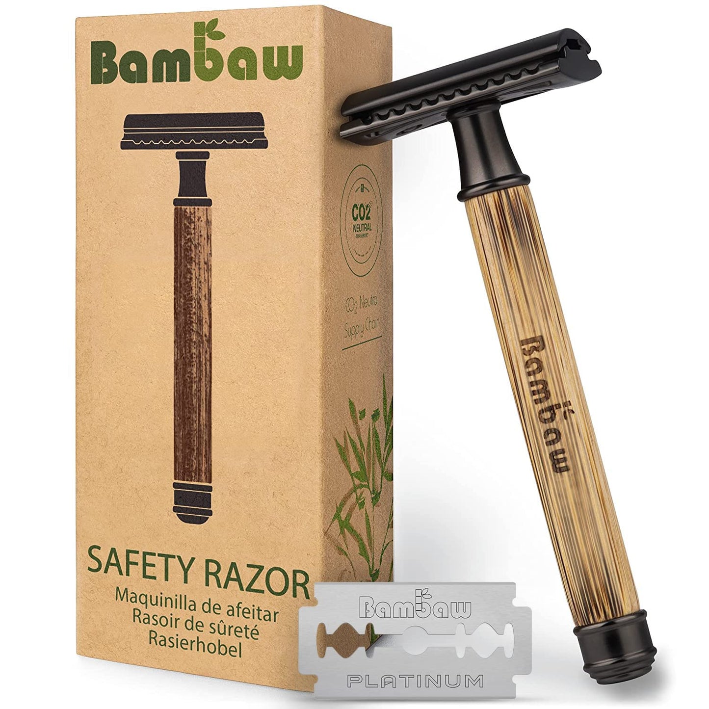 Bambaw Classic Dark Double Edge Safety Razor | Natural Long Bamboo Handle Razor | Reusable Safety Razor For Women & Men | Eco Friendly Safty Razor | Sustainable Eco Razors | Fits All De Razor Blades