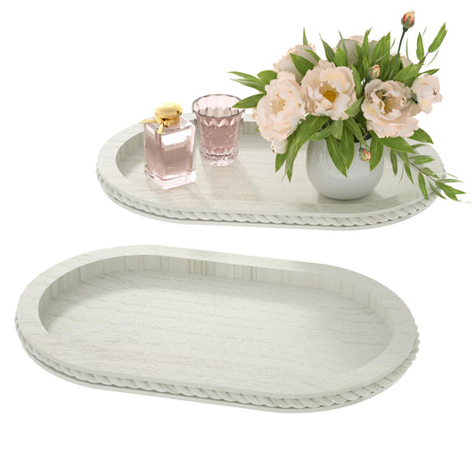 Urban Deco Oval Wooden Tiered Tray, Farmhouse Vintage Decorative Tray Stand for Coffee Table, White Serving Tray for Living Room Kitchen Home Decor - 1 Pack