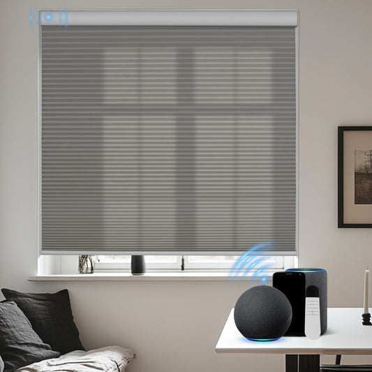 BERISSA Motorized Cellular Shades, Light Filtering Smart Honeycomb Blinds with Remote Control & Hub, Custom Room Darkening Automatic Cellular Window Blinds for Home Office, Living Room, Door,Gray