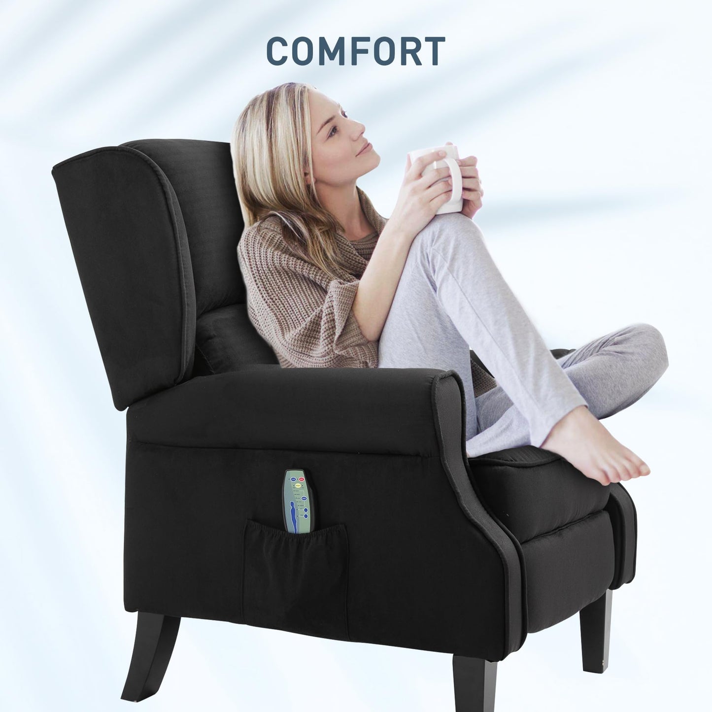 HOMCOM Vibration Massage Recliner Chair for Living Room with Heat, Wingback Single Sofa, Modern Suede Fabric Push Back Reclining Chair with Footrest, Side Pocket, Black